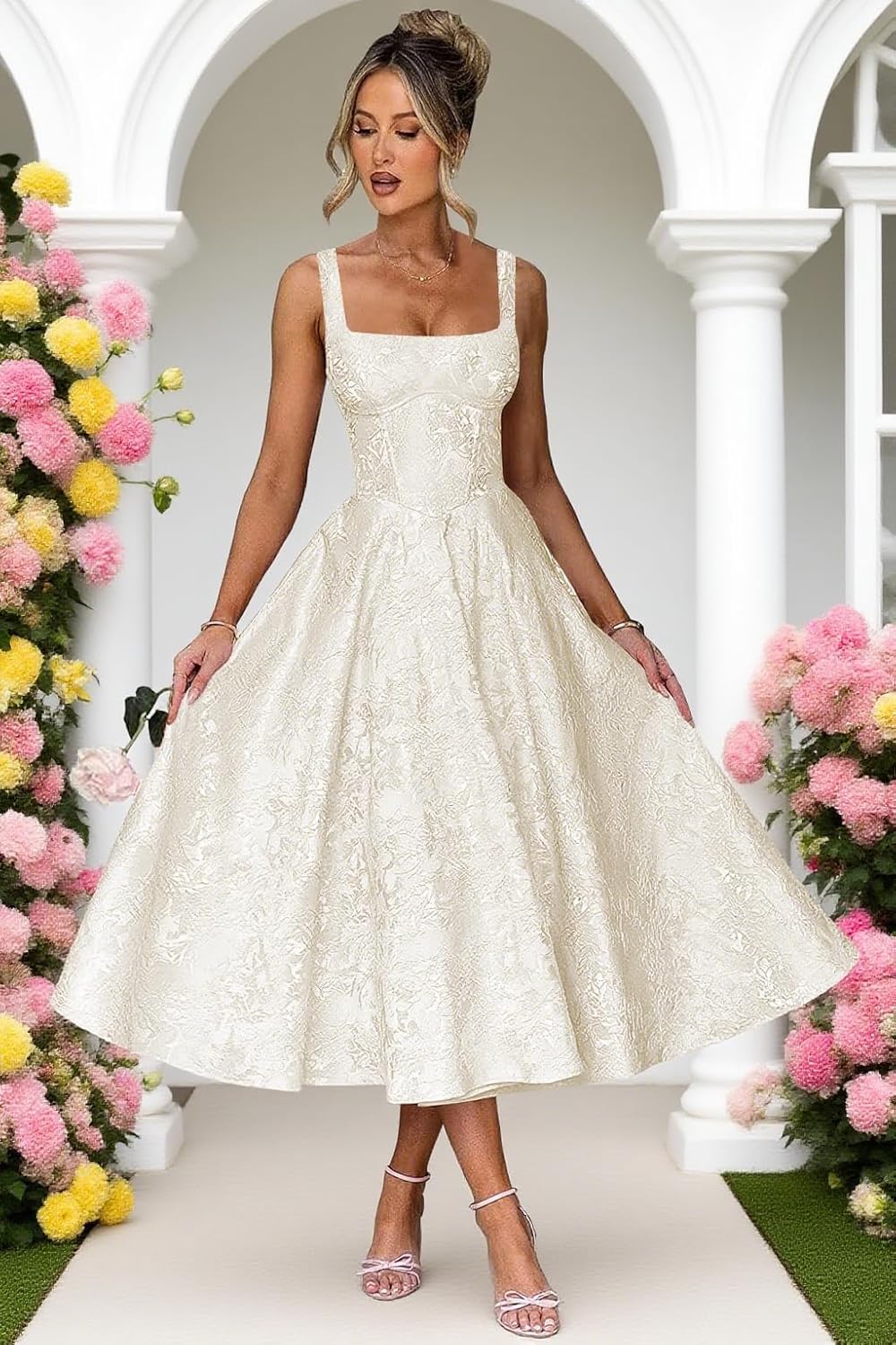 Floral Satin Jacquard Prom Dresses 2026 A-Line Tea Length Midi Square Neck Evening Party Gown with Pockets for Women - Image 4