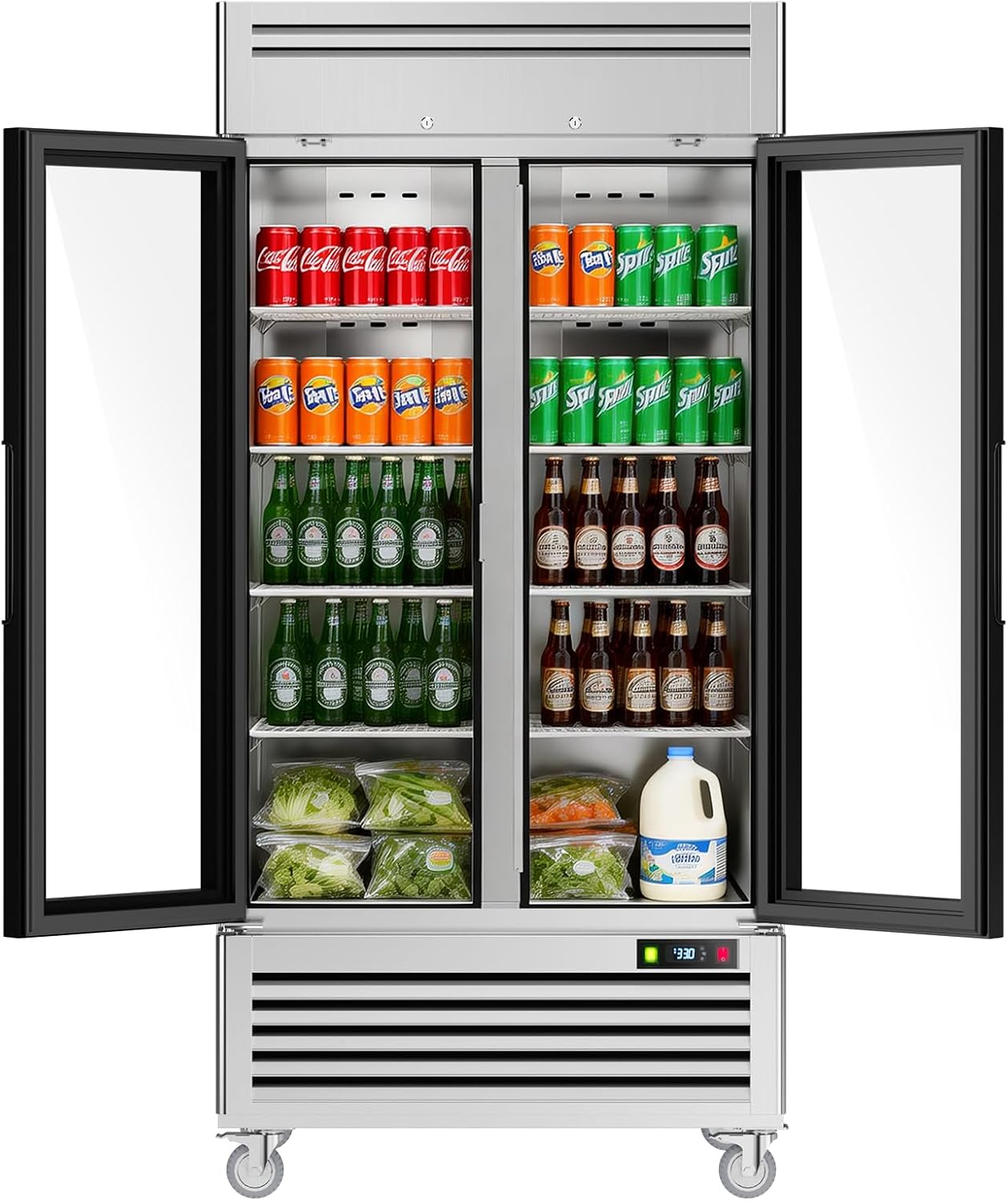 Coolake 40" W Commercial Display Refrigerator, 36 Cu.Ft. Stainless Steel Commercial beverage Fridge with 2 Glass Door, Fan Cooling Upright Merchandiser Refrigerator for Stores, Restaurant, Delis