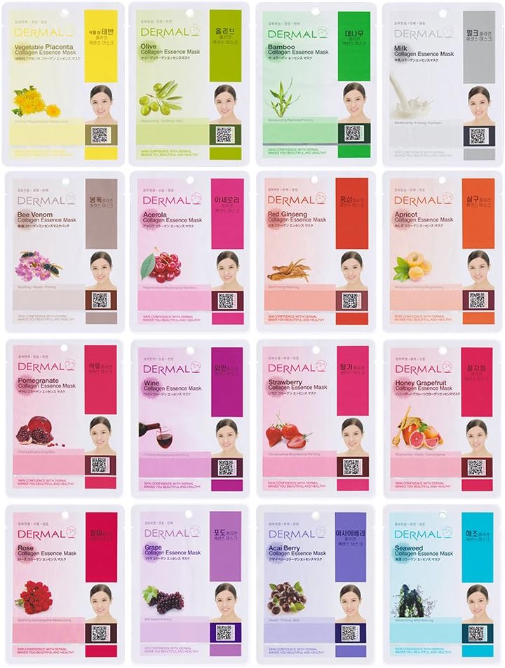 DERMAL Collagen Essence Sheet Mask 16 Combo Pack - 16 Days Daily Skin Therapy for Glow - Variety Gift Set - K-Beauty