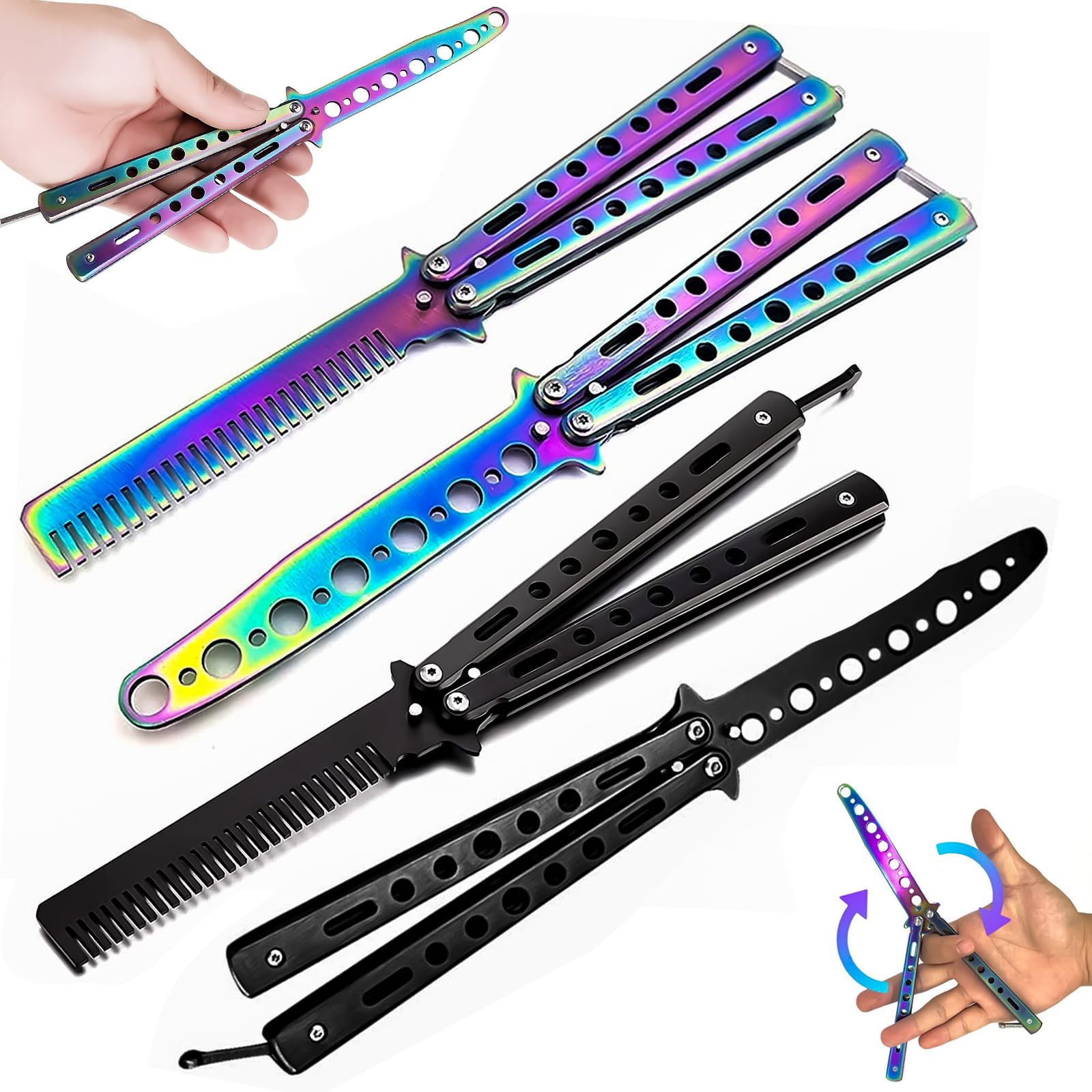 Nizirioo Butterfly zestaw 4 noży do ćwiczeń, nieostrzone ostrze, grzebień motylkowy, stal nierdzewna, do noży treningowych Balisong, dla początkujących (czarny + kolor