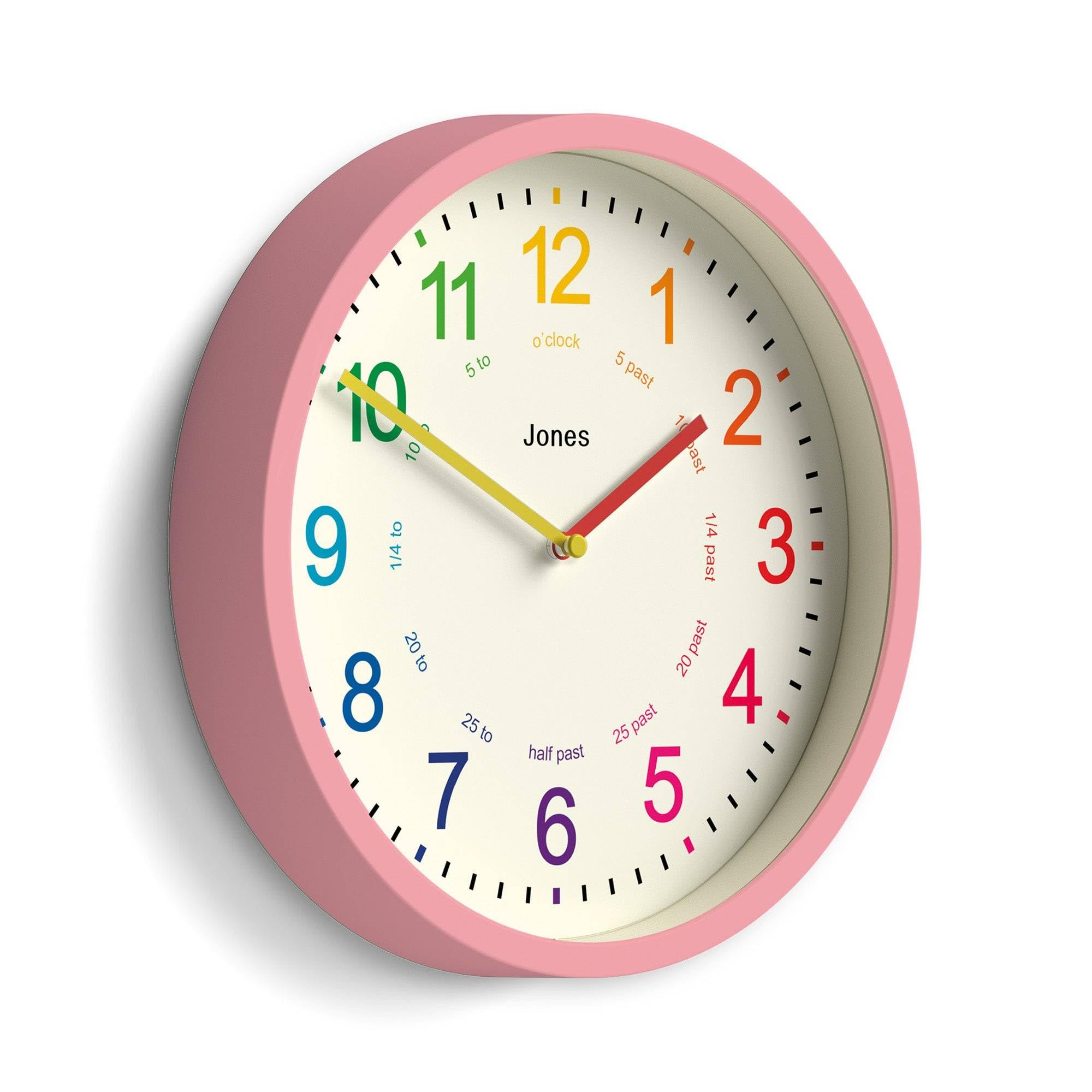 Jones Clocks® Kids wall clock | Small modern children’s nursery clock | 25cm | Pink | Colourful dial for learning to tell the time