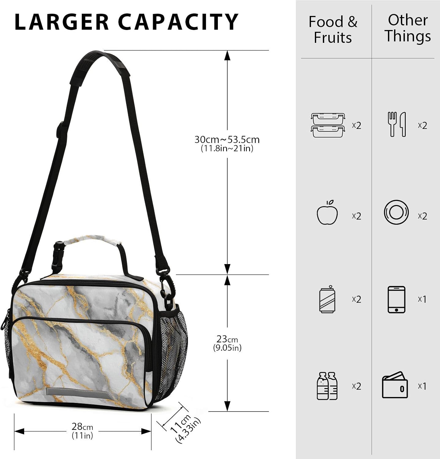 Dussdil White Gray Marble Kids Lunch Bags Lunch Box Insulated Cooler Bag Reusable Organizer Tote Bags with Adjustable Shoulder Strap for Girls Boys Women Men School Work Picnic Beach Sporting