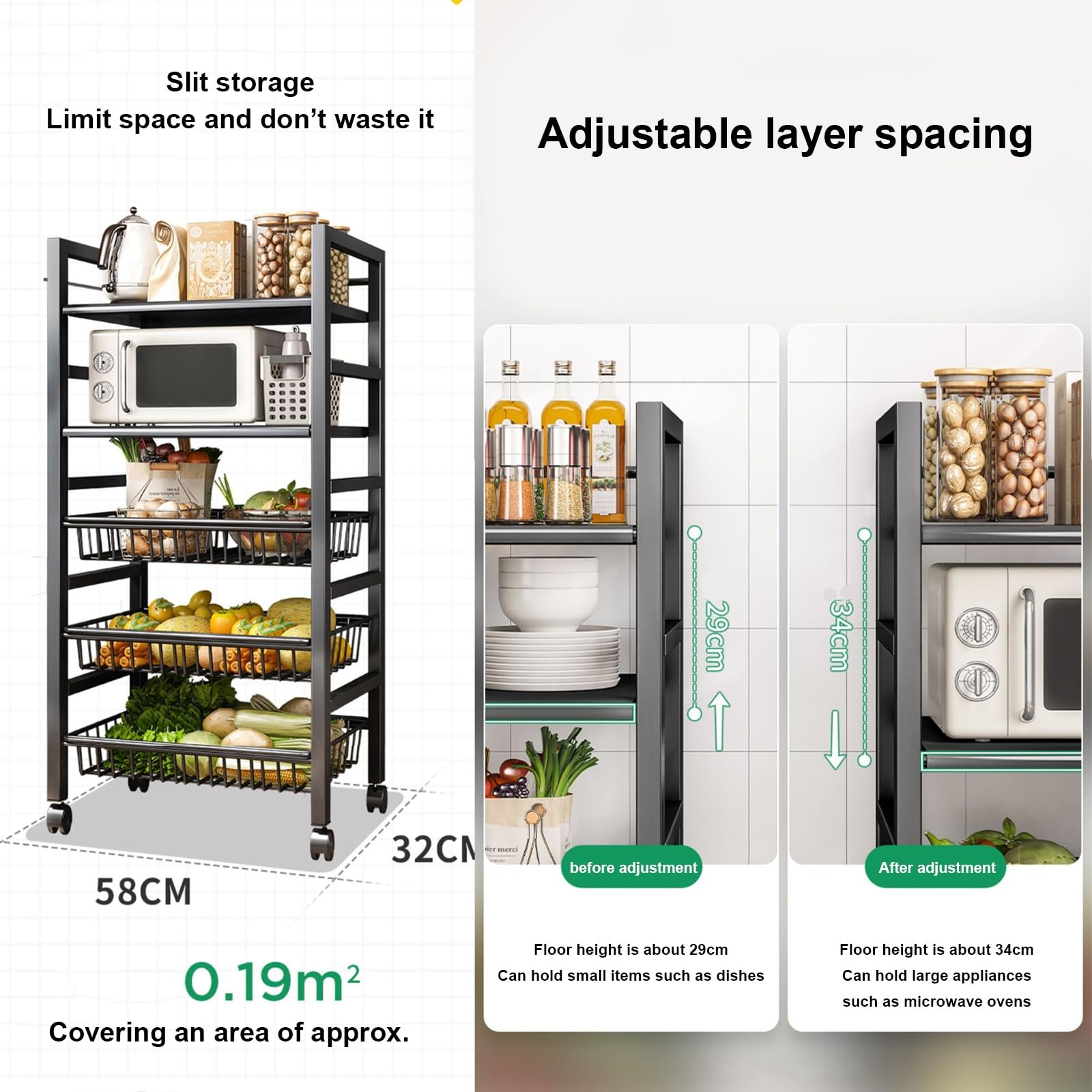 Carrello da forno a microonde resistente con contenitore regolabile, multifunzione a 5 ripiani e ripiani in metallo, include cesto per frutta e verdura per piccoli elettrodomestici