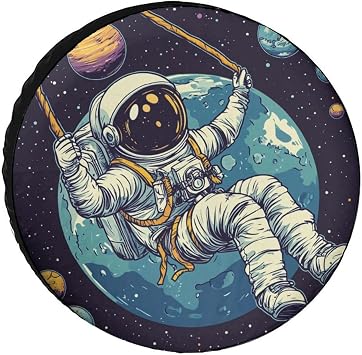 Spare Tire Cover 18inch Astronaut Swinging on The Planet Camping Wheel Protectors Tyre Covers Weatherproof Wheel Covers Star Spaceship Glaxy for Camper Travel Trailer SUV Truck