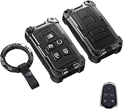 Heavy Key Fob Cover for Cadillac, Keychain, Metal Silicone Key Fob Case Compatible with Cadillac ATS ATS-v CTS CT6 XTS XT5 XT4 XT6 SRX 2014 2015 2016 2017 2018 2019 2020 2021 (Black, R Buckle)