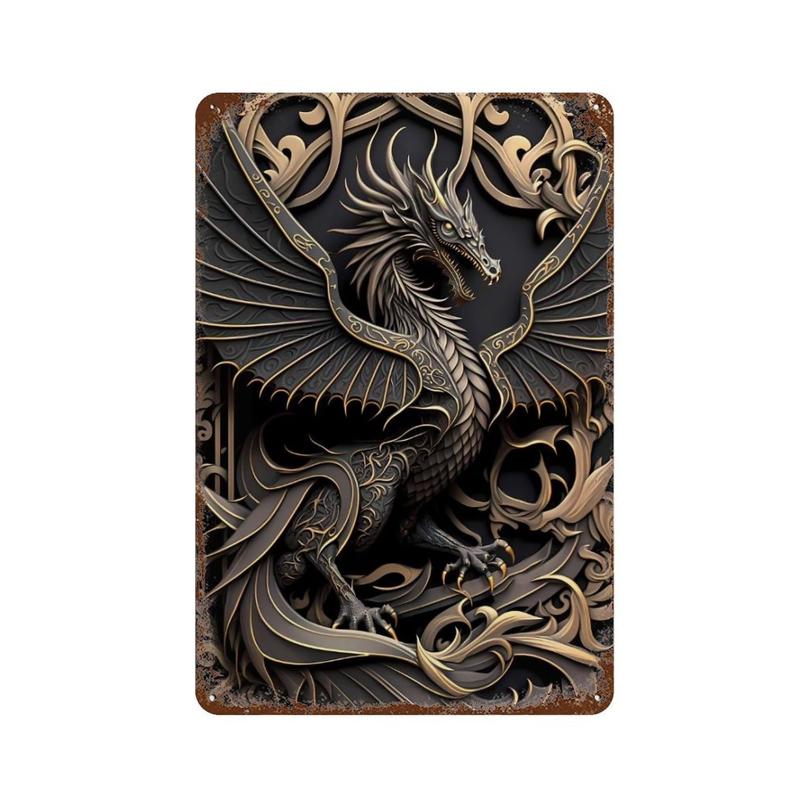 Golden Monarch Dragon Decorative Tin Sign 11.8"x7.9", Vintage Wall Decor for Garage, Pub Or Kitchen