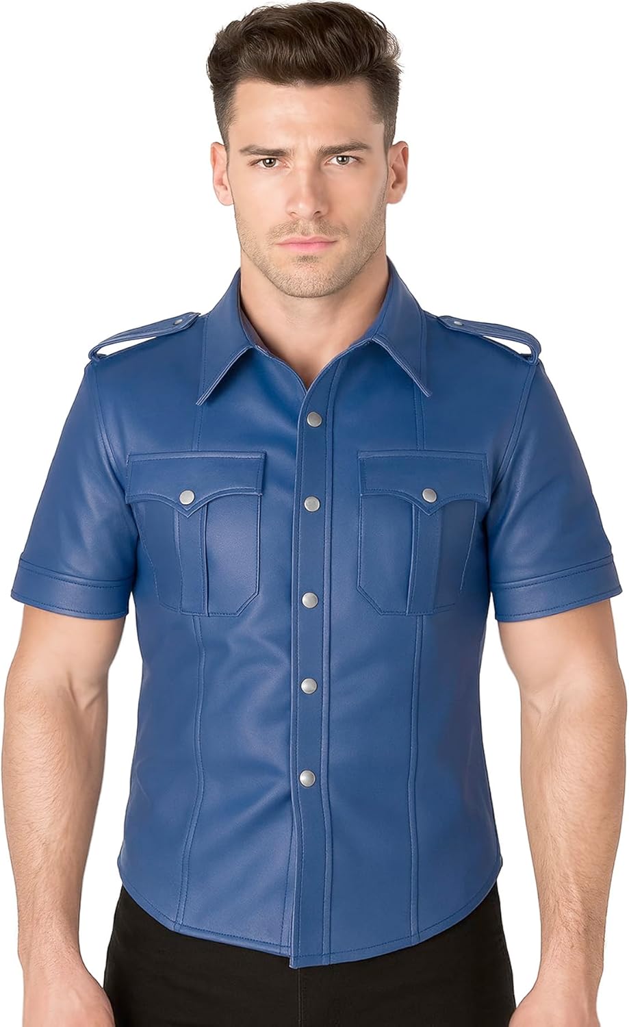Real Leather Mens Real Sheep Leather Police Real Uniform Shirt BLUF Gay Mans Shirt Hot Lamb Leather