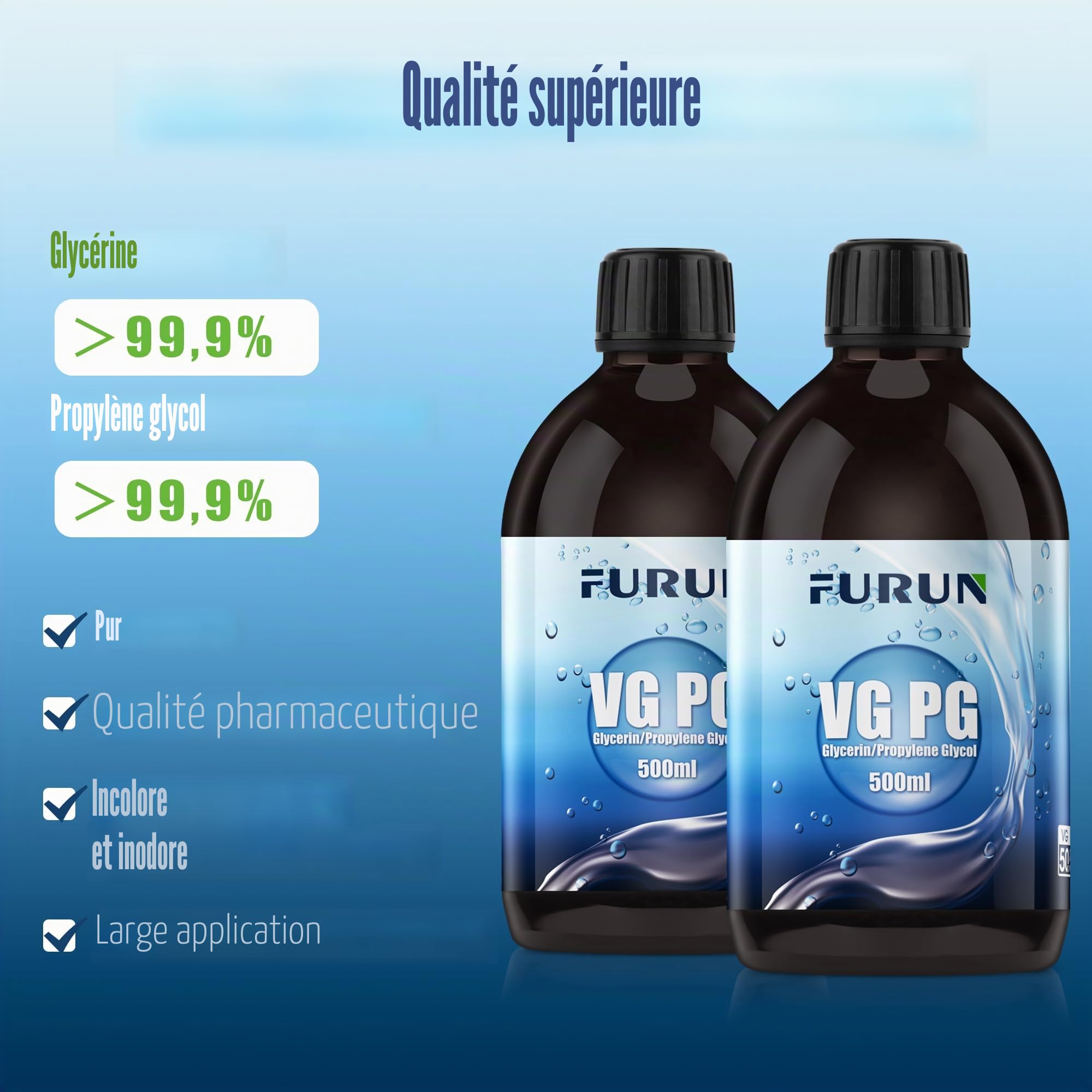 2 x 500 ml 50% de glycérine VG / 50% de propylène glycol PG de qualité pharmaceutique, glycérine liquide 50% VG E422/50% PG propylène glycol liquide E1520 pur, végétalien, 0% d'additifs | Qualité pharmaceutique, pureté > 99,9 %, végétalien, 0 % additifs,