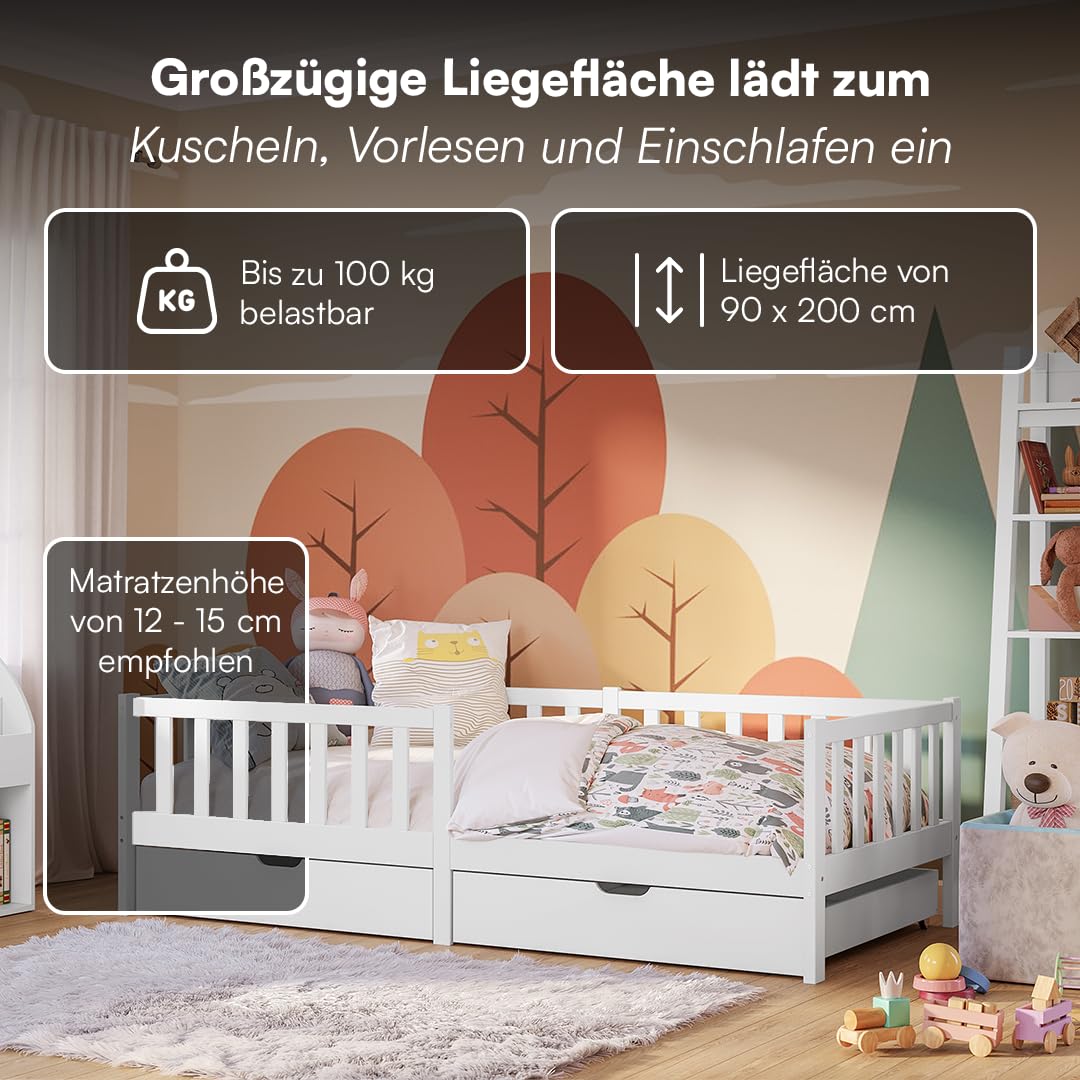 Bellabino Vere Kinderbett 90x200 cm – Montessori Bett mit Rausfallschutz, Lattenrost & 2 Schubladen– Massives Kinder Bett für Jungen & Mädchen aus Holz Kiefer – Kleinkindbett in Weiß mit Stauraum