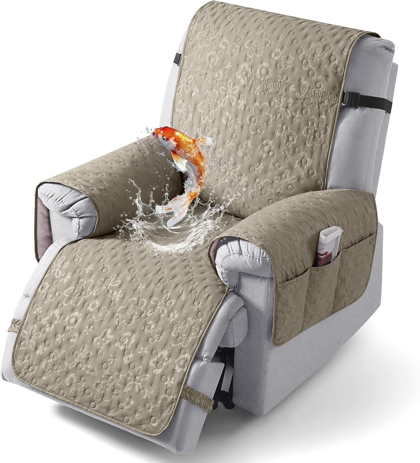 VANSOFY 100% Waterproof Recliner Chair Cover, Recliner Cover with Non-Slip Granule, Washable Reclining Chair with Pocket Furniture Protector for Kids, Pets(Khaki, 20")