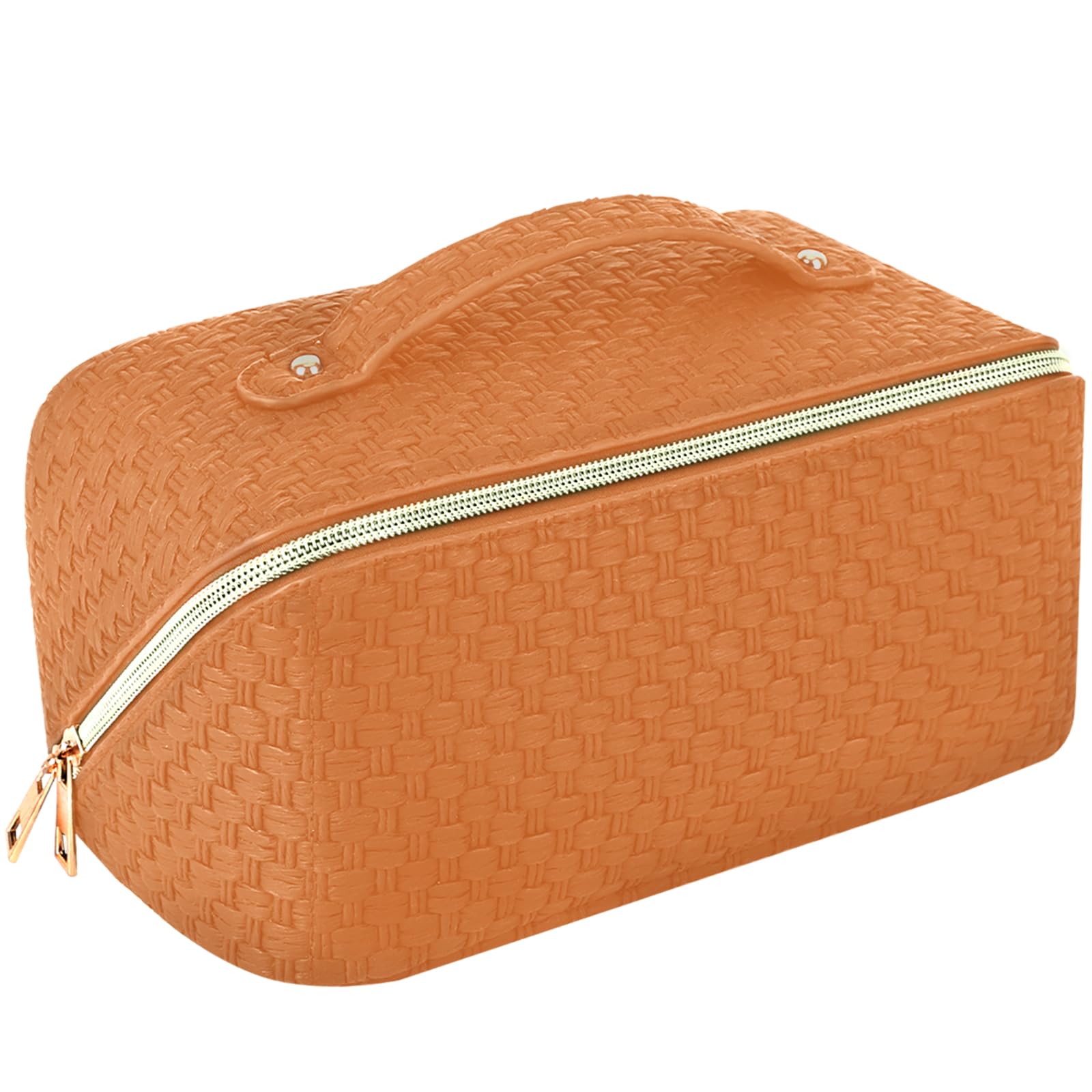 Duo ShengMakeup Bag - Large Capacity Travel Cosmetic Bag,Make Up Bags for Women Waterproof Portable Cosmetic Bags with Handle and Divider Flat Lay Makeup Organizer Bag, Yellow, Large