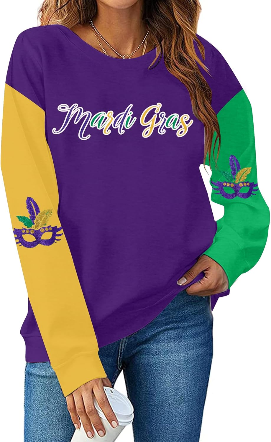 MNLYBABY Mardi Gras Sweatshirt Women Carnival Themed Mask Graphic Shirt Mardi Gras Day Shirt Casual Long Sleeve Tops - Image 4