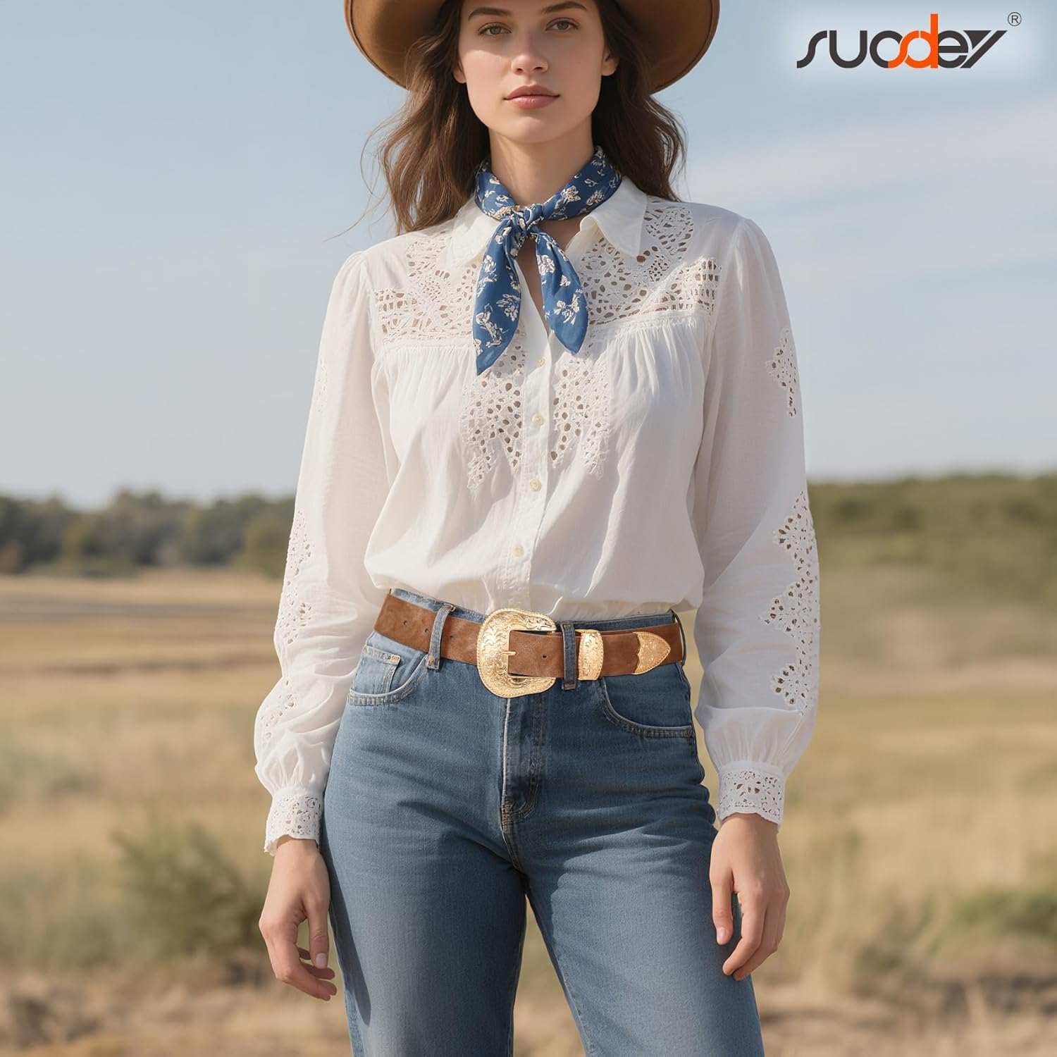 SUOSDEY Women Country Western Belt Cowgirl Cowboy Vintage Leather Belt with Western Style Big Buckle for Jeans Dresses - Image 5