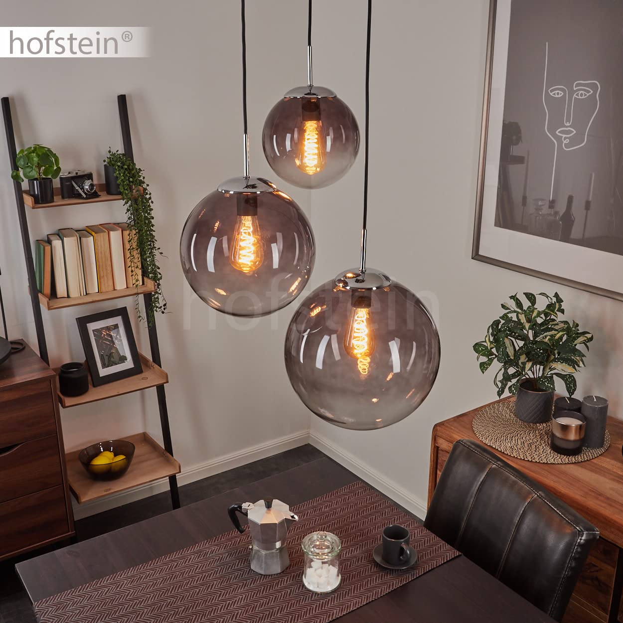 Lampada a sospensione Degevos, lampada a soffitto a 3 luci in metallo/vetro in colore cromo, lampada a sospensione moderna con sfere in vero vetro, altezza massima 120 cm, 3 x E27, senza lampadina/e