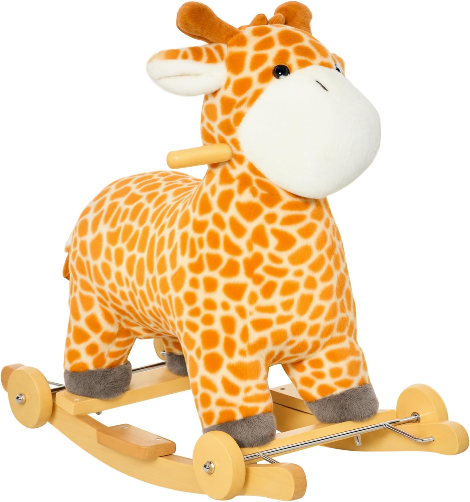 Qaba Rocking Horse, 2 in 1 Kids Ride on Horse, Rolling Giraffe Animal Rocker with Sound, Wooden Base, Pedal, Grip Handle, Plush Riding Pony for 3-6 Years Old, Yellow