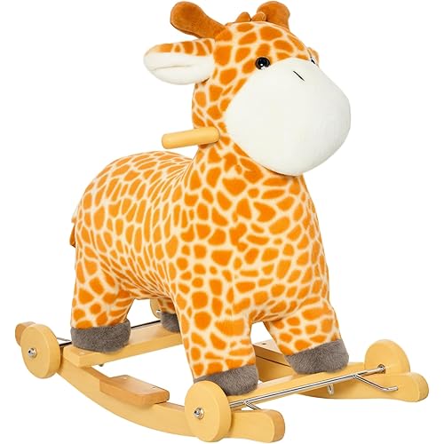 Qaba Rocking Horse, 2 in 1 Kids Ride on Horse, Rolling Giraffe Animal Rocker with Sound, Wooden Base, Pedal, Grip Handle, Plush Riding Pony for 3-6 Years Old, Yellow