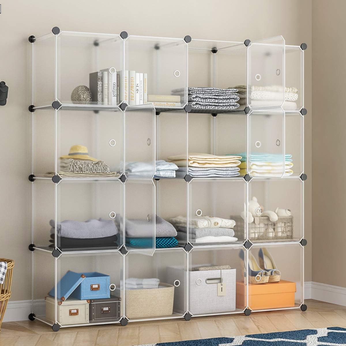 KOUSI Portable Storage Cubes-14 x14 Cube (16 Cubes)-More Stable (add Metal Panel) Cube Shelves with Doors, Modular Bookshelf Units,Clothes Storage Shelves,Room Organizer for Cubby Cube