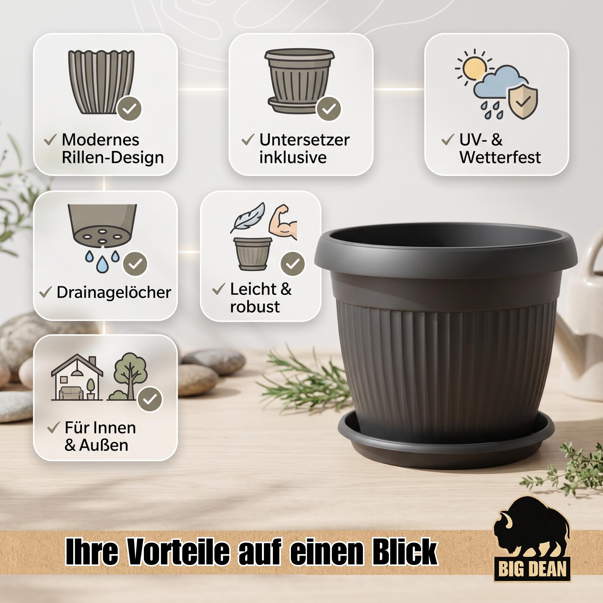 BigDean Pot de fleurs Jumbo 62 cm avec soucoupe Anthracite