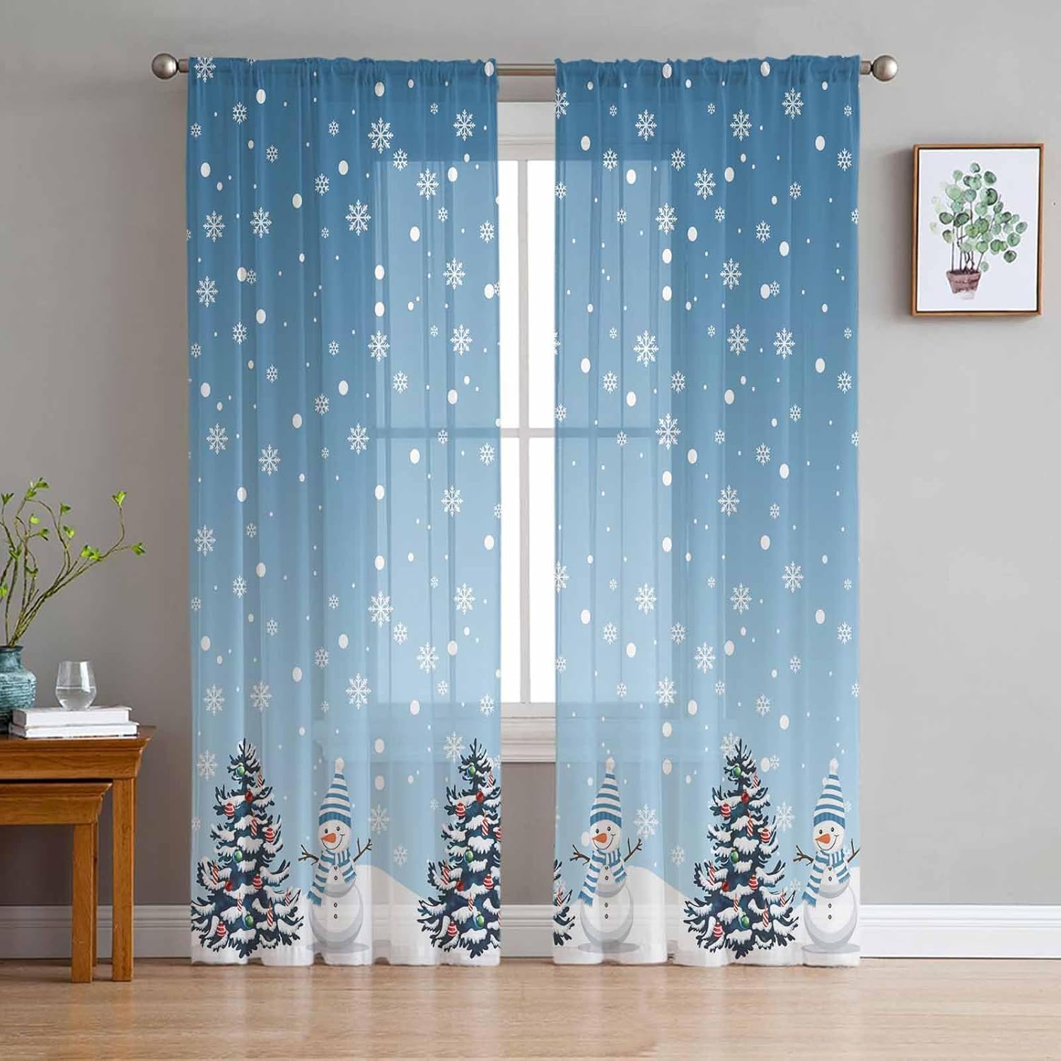 Blue Snowman Christmas Sheer Curtains 63 Inches Length 2 Panels Set, Xmas Tree Bedroom Curtain Drapes, Winter Snowflake Semi Curtain Sheers for Living Room/Cafe, Rod Pocket Voile Window Treatment