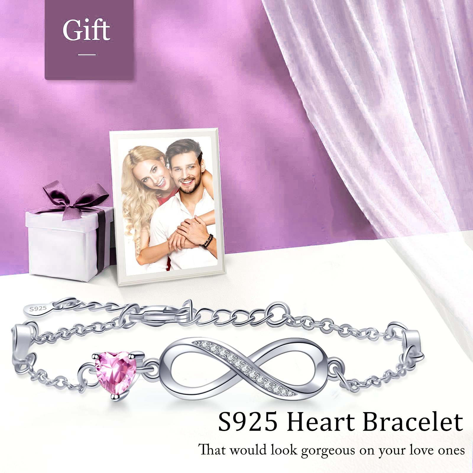 Tusuzik Bracciale Argento 925 Donna, Bracciale Infinito Donna Argento 925 con Cuore Zirconi Regolabile Bracciali Donna Gioielli Regalo per Mamma Amica Ragazza