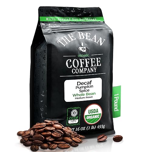 The Bean Organic Coffee Company Especias de calabaza DECAF procesadas con agua, tostado medio, café en grano entero, bolsa de 16 onzas