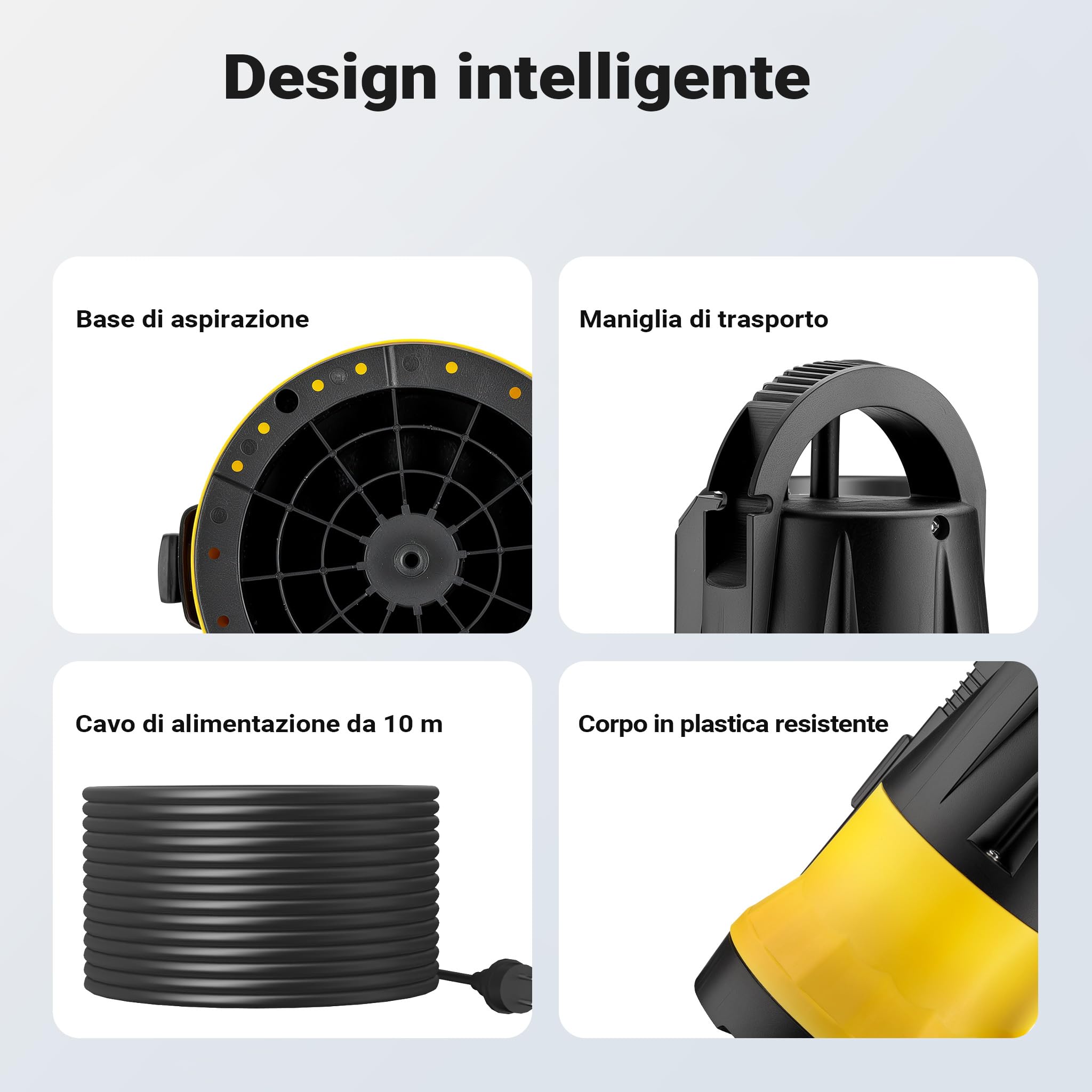 Wiltec Pompa sommersa con sensore 550W, pompa a immersione per acque chiare con 2 modalità di funzionamento, 11500 l/h, prevalenza 8,5 m, profondità 7 m