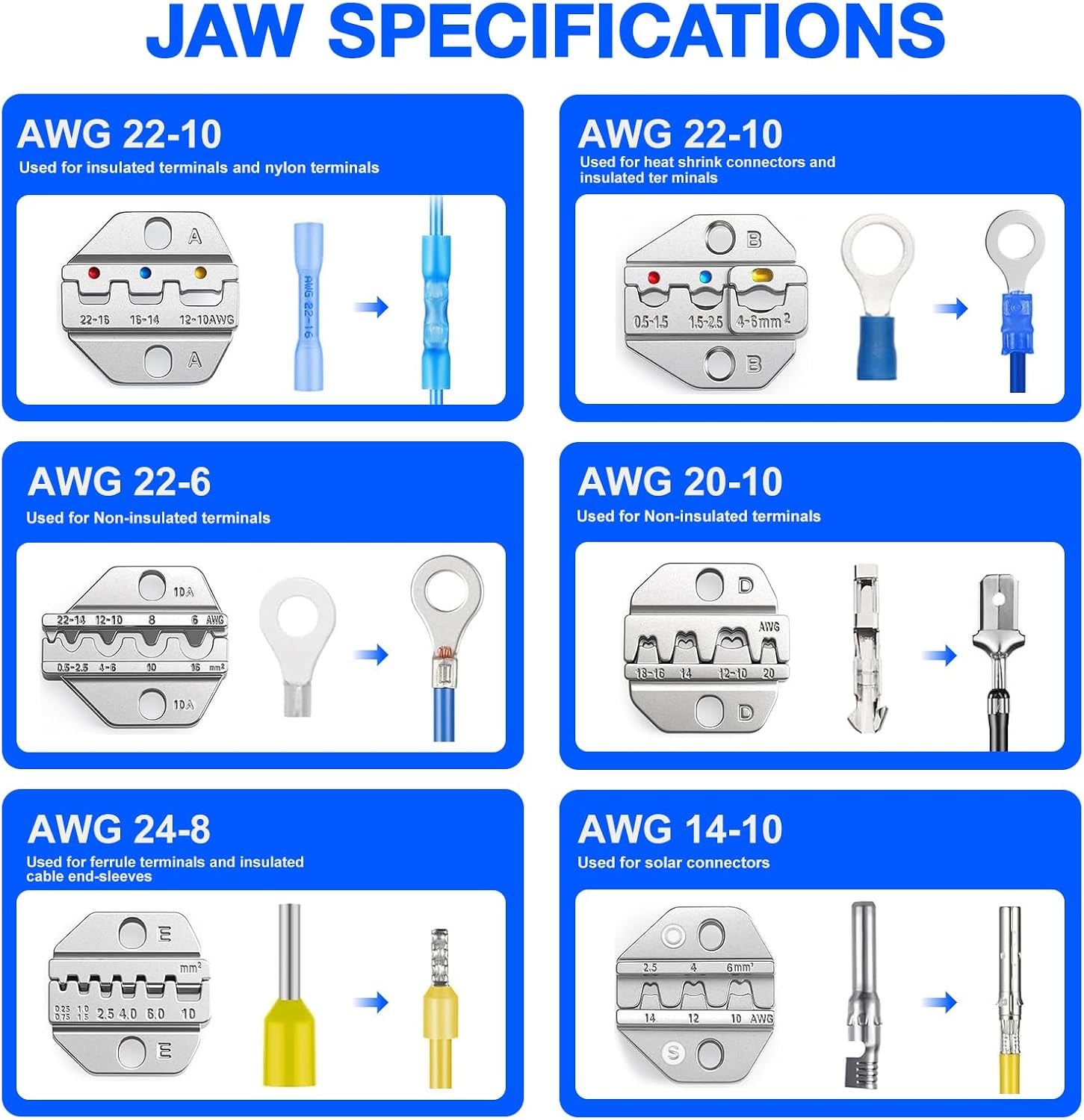 Wire Crimping Tool, Ratcheting Wire Crimper Set with 6 Replaceable Dies, Heavy Duty Crimper for Heat Shrink, Insulated Nylon, Non-Insulated, Wire Ferrules, Open Barrel Terminals and Solar Connectors