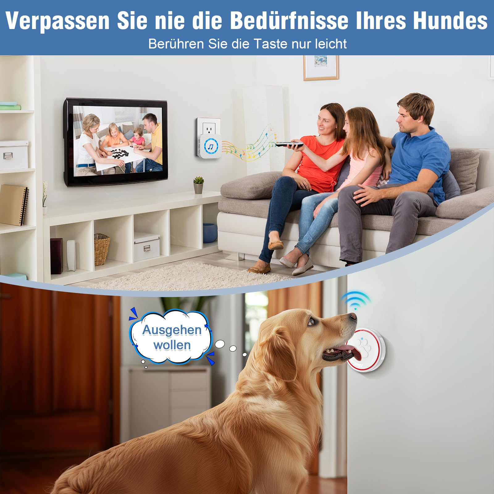 ChunHee Wireless Campanello per Cani Cane/Campanellino Animali Domestici/Funzionamento a 500 Piedi con IP55 Pulsante a Sfioramento Impermeabile 52Melodie 5Livelli di Volume Flash LED