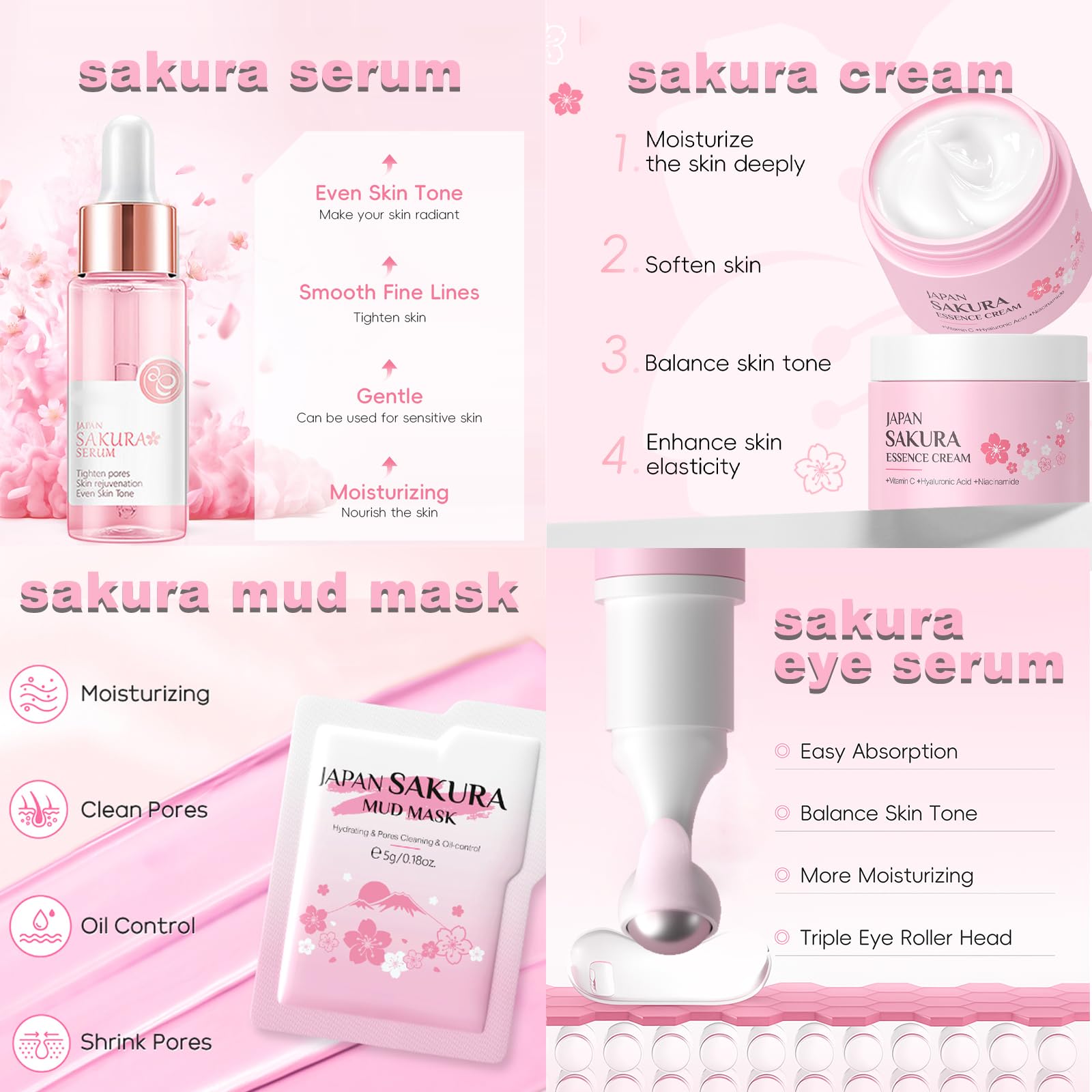 Sakura Skincare Set with Gua Sha, 13-Piece Skin Care Kit