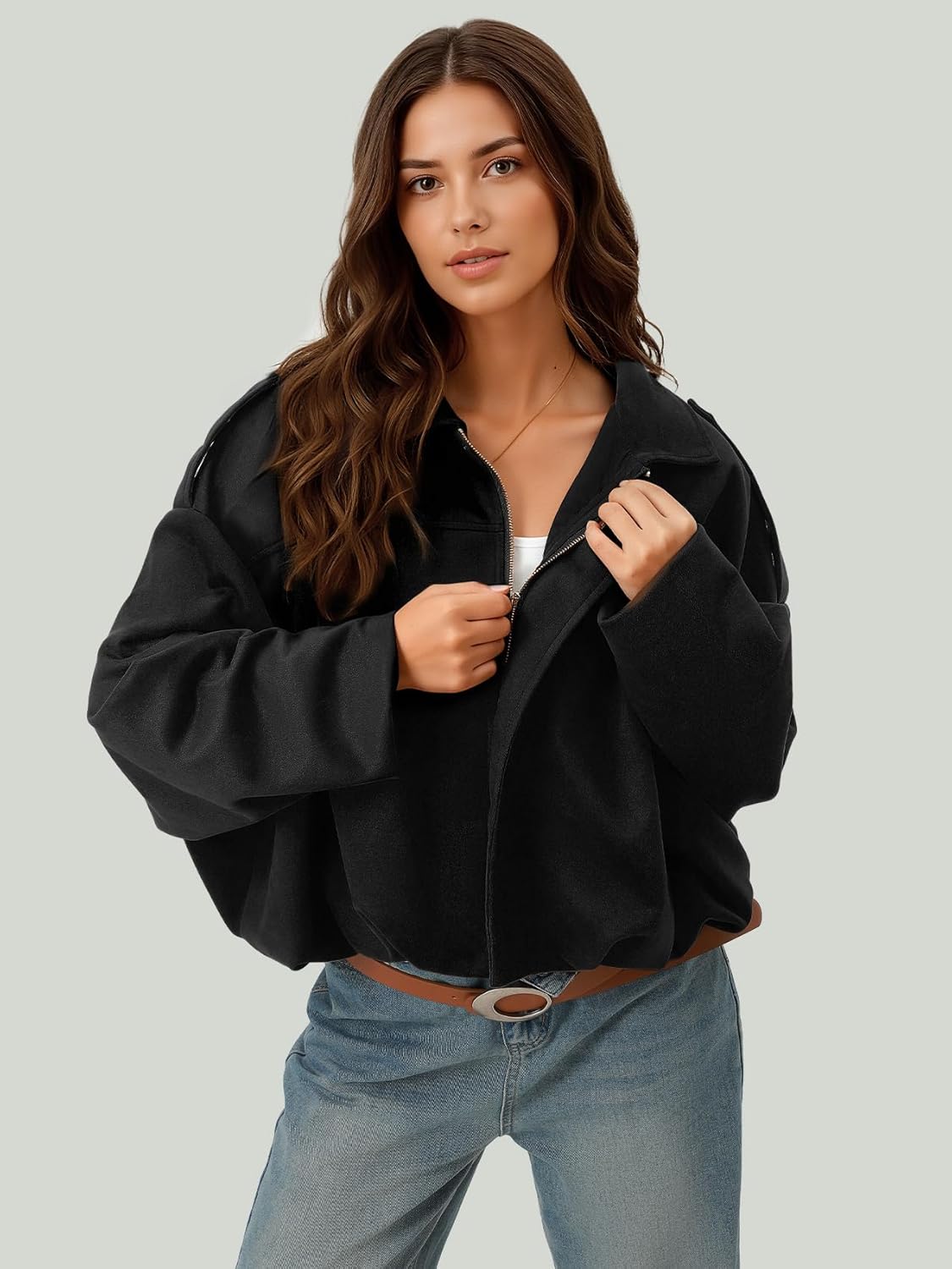 LEACOOLKEY Women's Faux Suede Bomber Jacket Casual Pilot Coat Oversized Spring Fall Batwing Long Sleeve Streetwear Outwear Size M - Image 2