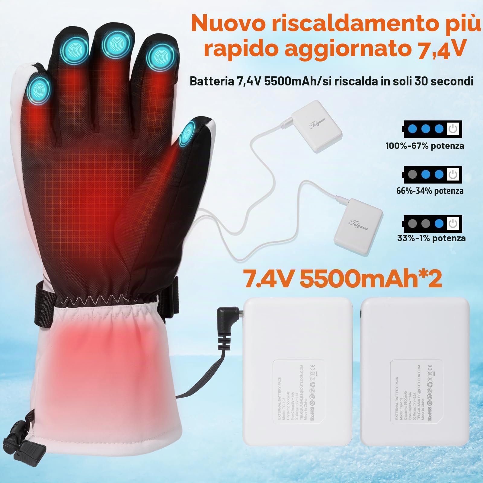 Telguua Guanti Riscaldati per Uomini Donna,7.4V 5500mAh Ricaricabili Guanti Riscaldanti Elettrici 3 Livelli di Riscaldamento Touchscreen Con Riscaldamento Dita per Moto Sci
