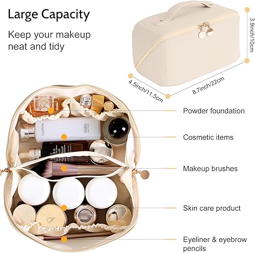 Miniatura 4 de Bolsa de maquillaje de viaje, bolsas de cosméticos de viaje de gran capacidad para mujeres, portátil, impermeable, maquillaje Ba, Beige, Sólido-bg