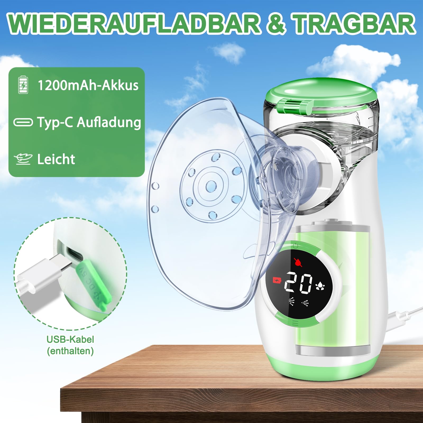 Wholede Inhalationsgerät Digitale, Inhaliergerät für Baby Kinder Erwachsene, 1200mAh Aufladbarer Vernebler Inhalator mit Countdown zur Zerstäubung, Leise Tragbarer Inhalator mit 2 Maske und Mundstück