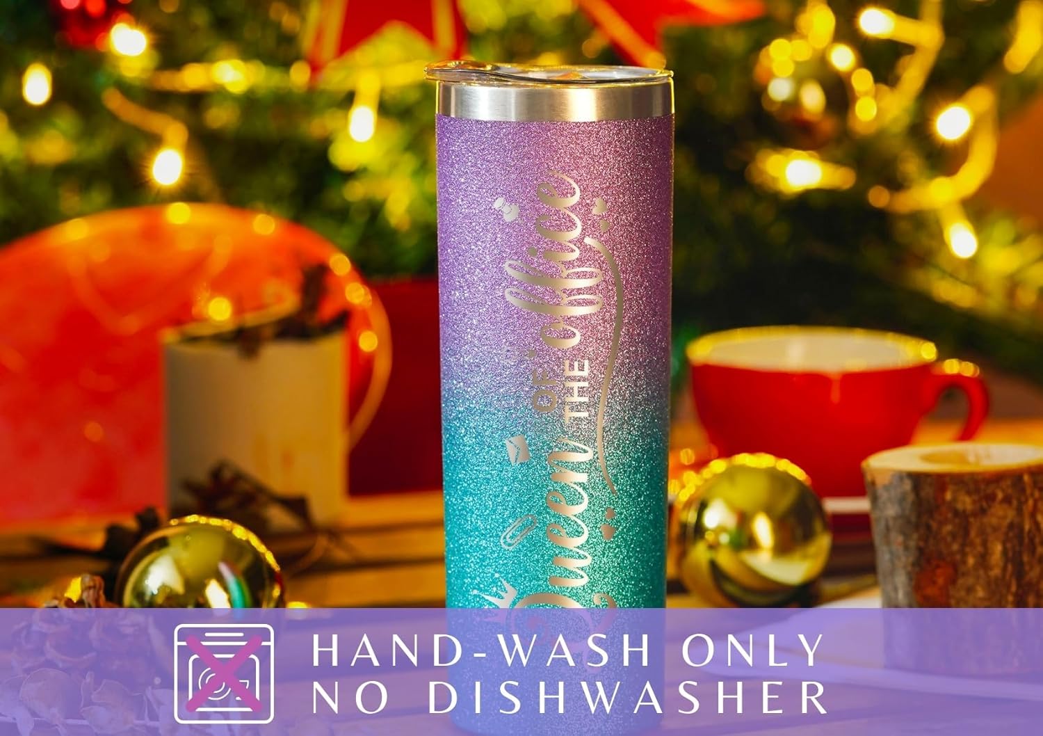 Onebttl Secretary Gifts for Woman, Funny Administrative Professional Day Gifts for Appreciation, Christmas, Birthday, 20oz Stainless Steel Insulated Skinny Tumbler - Queen of the Office Glitter Purple - Image 7