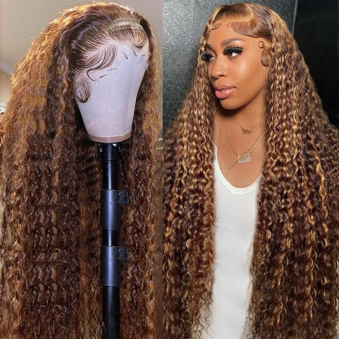 30 inch Highlight Ombre Lace Front Wig Human Hair 200 Density Honey Blonde Wig Human Hair 13x4 HD 4/27 Deep Wave Lace Frontal Wigs Pre Plucked with Baby Hair