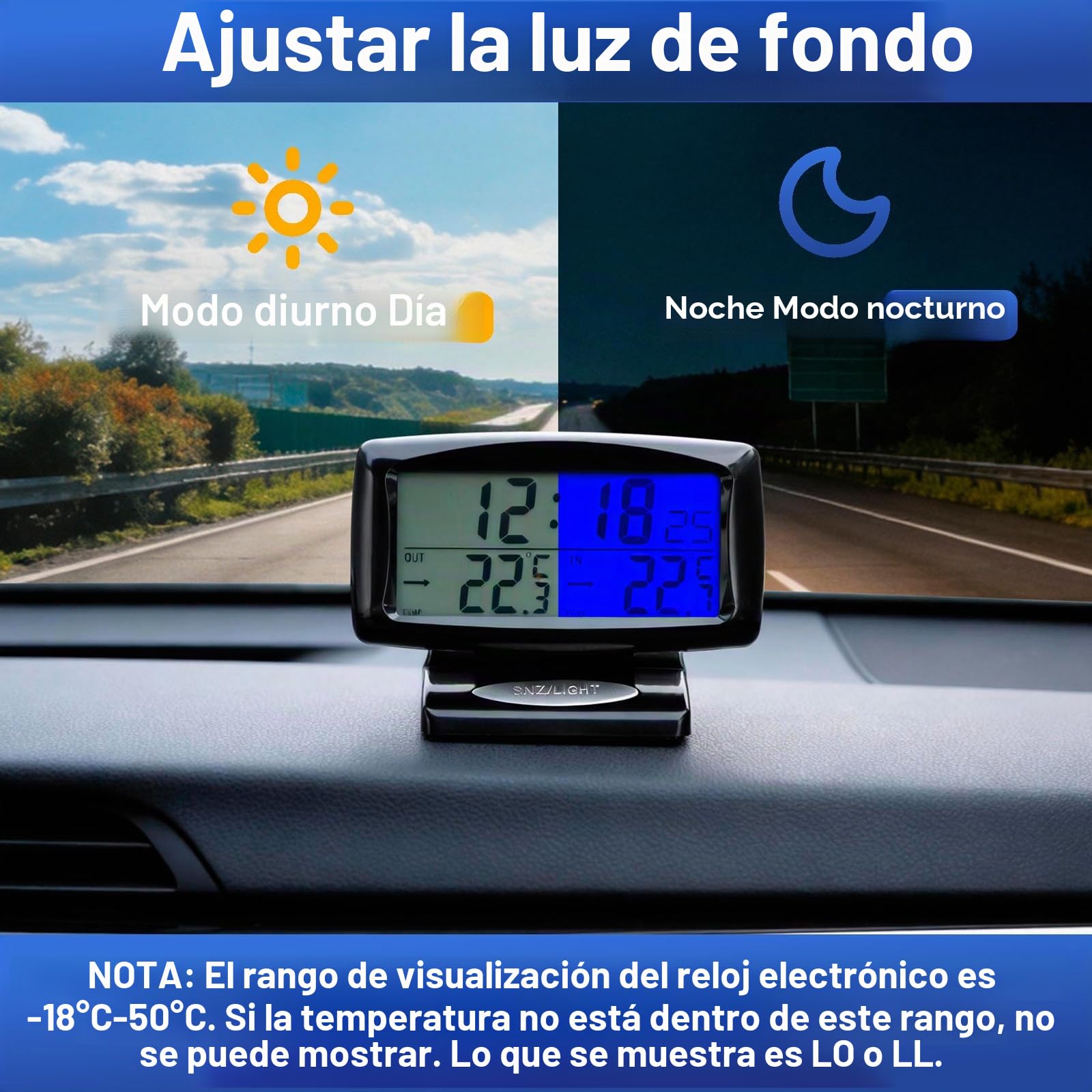 Riloer Reloj temperatura coche, Termómetro de medición de temperatura dentro y fuera del coche, retroiluminación LCD azul con pantalla digital y termómetro, Reloj de 12/24 horas ajustable