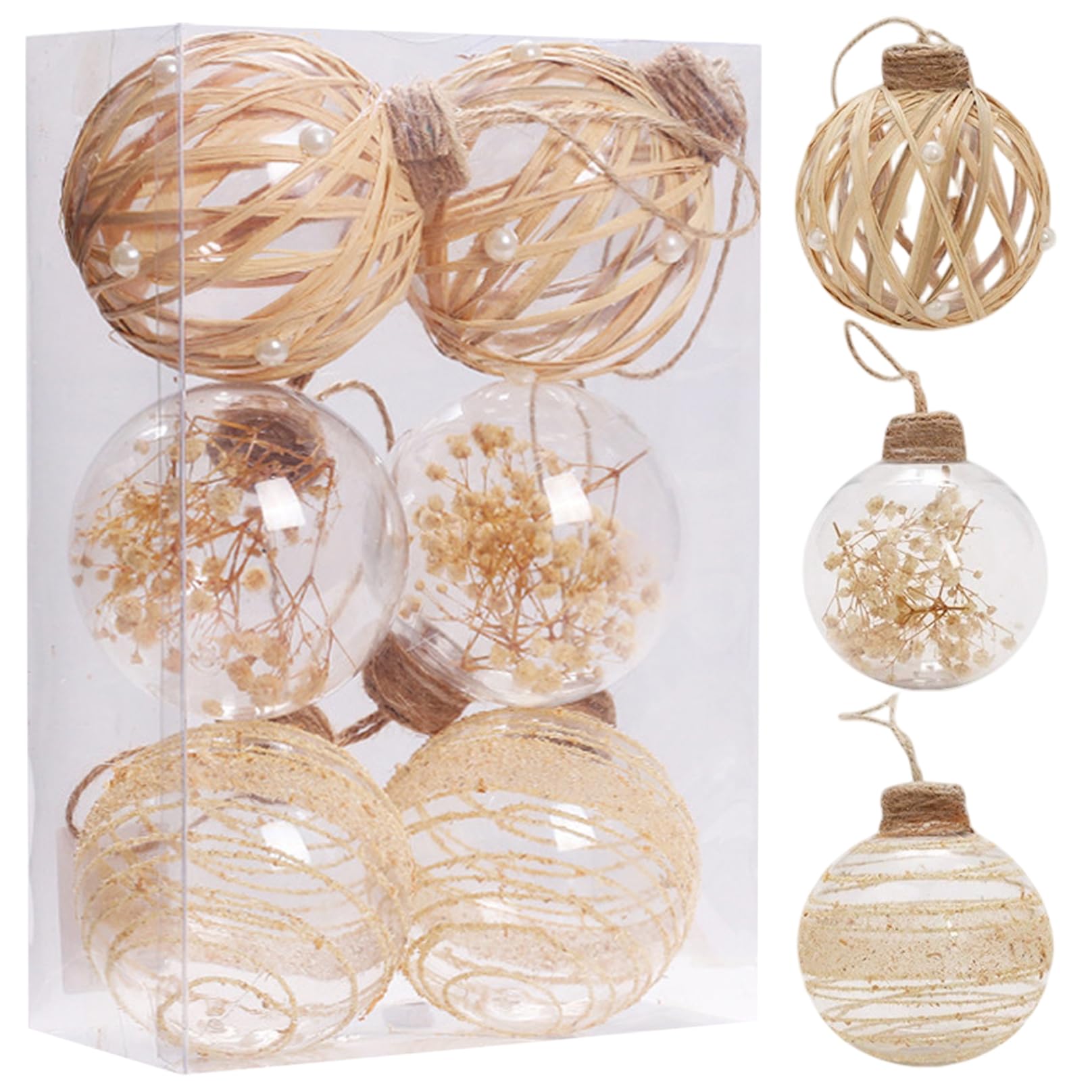 Boules de Noël plastique transparent style bohème suspensions sapin lot de 6