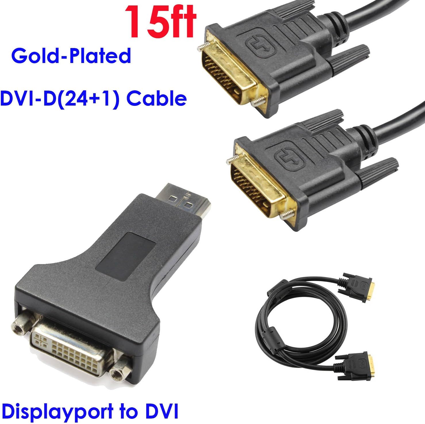 YarMonth - Display Port Male to DVI Female Adapter + Gold-plated DVI-D Digital / Digital Dual Link Cable 9.9Gbps 24+1 pin M / M, 15 FT / 4.6 M, Black