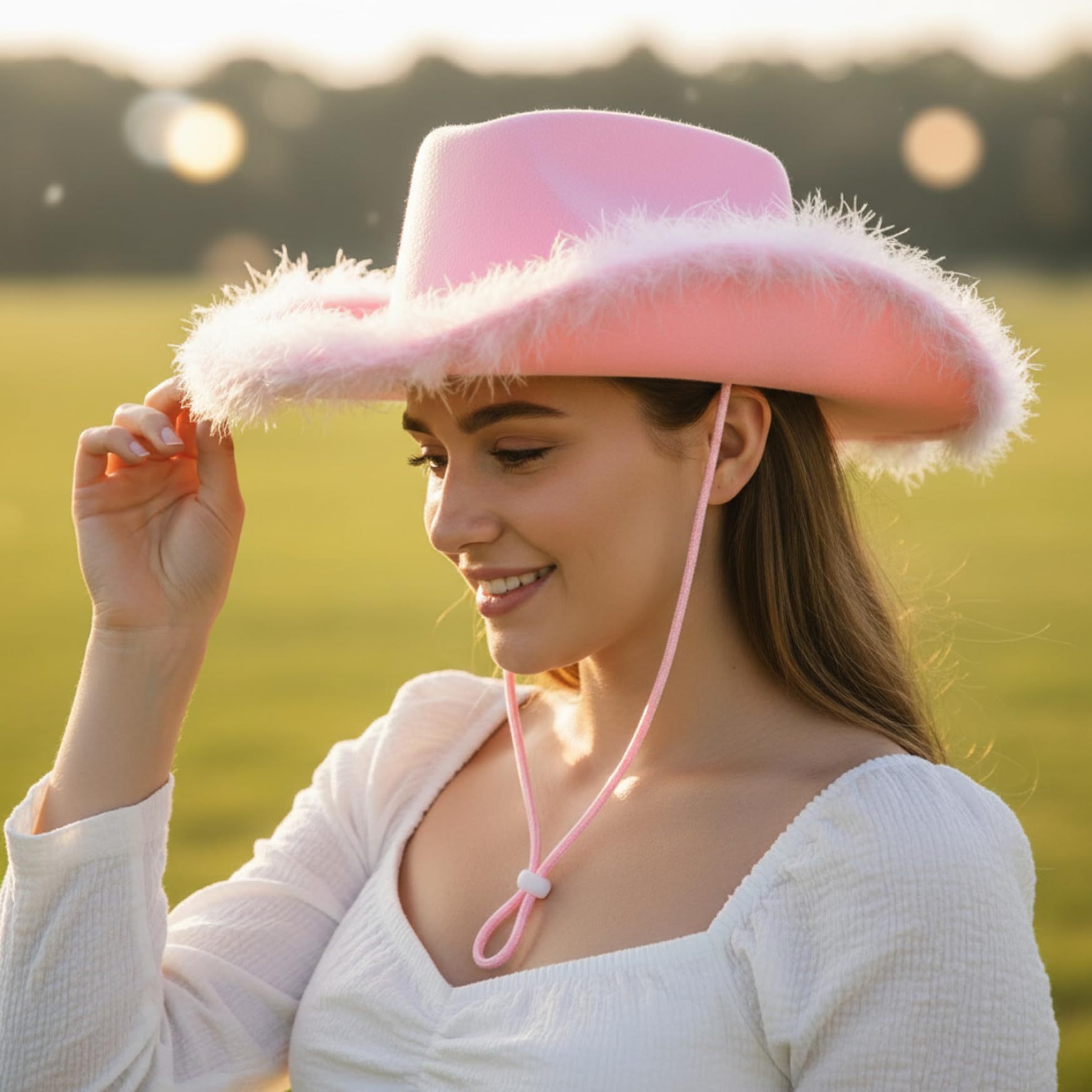 Cappello da Cowboy da Donna in Denim Leggero con Decorazione a Tesa in Peluche, Cappello Stile Western Dolce per Concerti Country, Rodeo, Feste Costume, all'Aperto