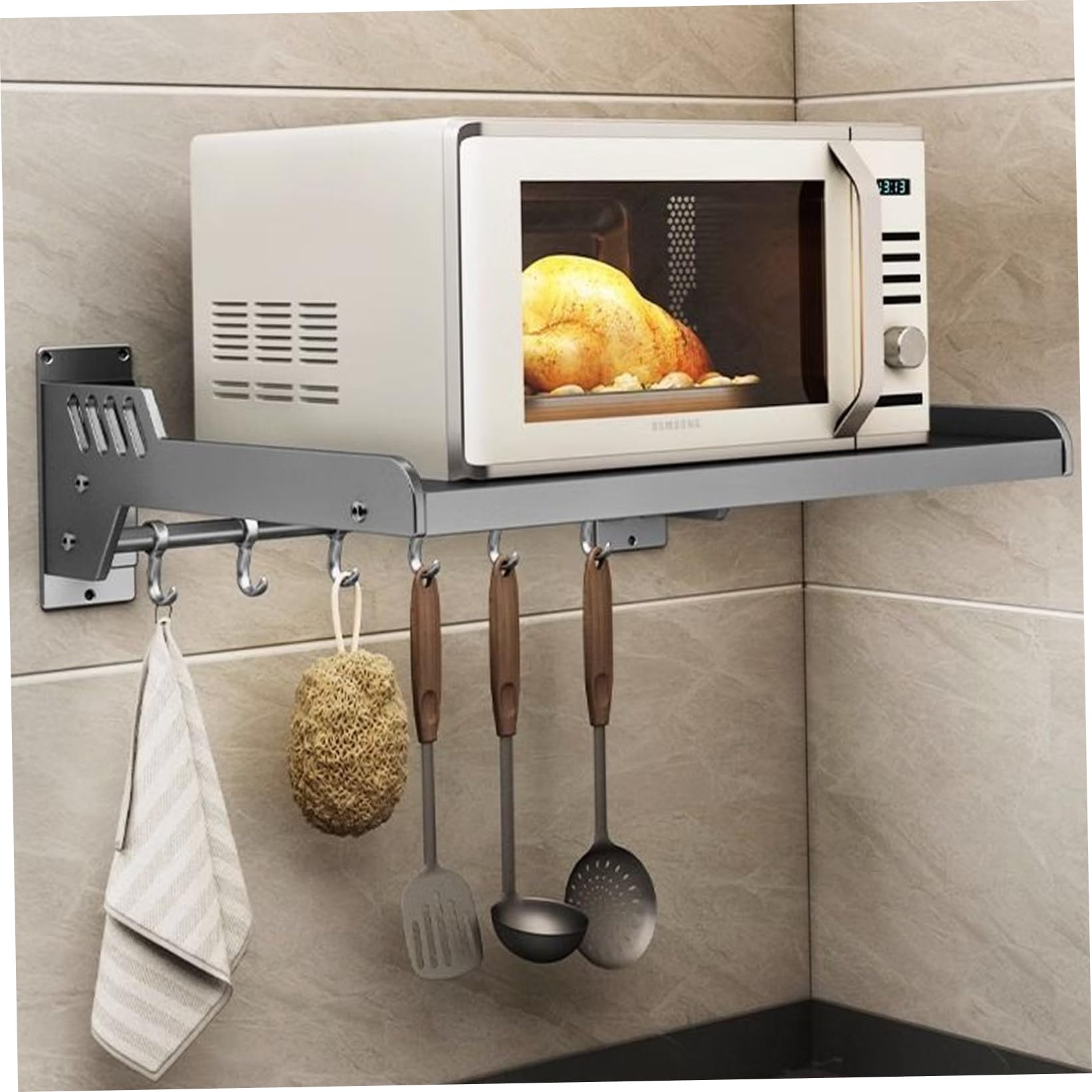 Montaje de pared de 14x20 pulgadas de microondas, estante de acero de carbono de carga de 110 libras con 6 ganchos para organizador de cocina, perforación/adhesivo instalar negro, soporte de pared