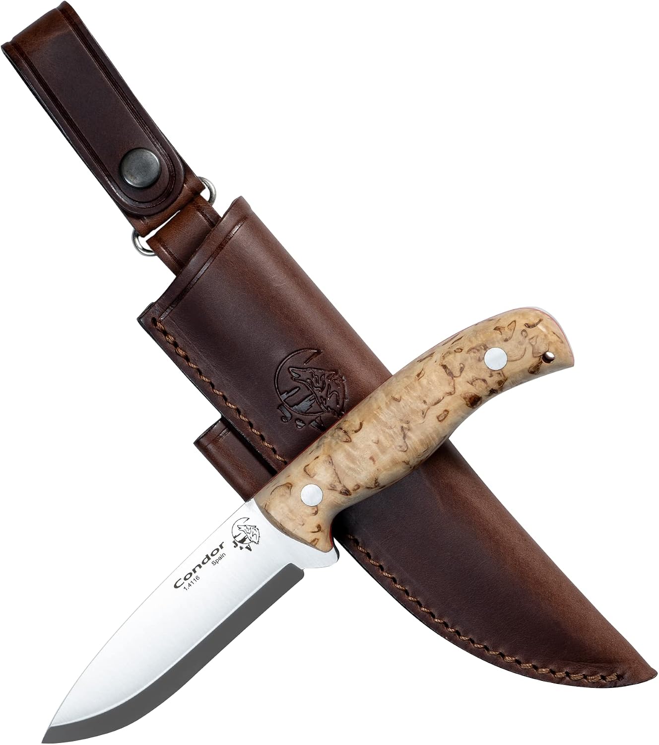 J&V CONDOR - Fixed Blade Knife for Survival Bushcraft Field Hunting Fishing, Blade 4.5"", Stainless Steel MOVA 1.4116, Sheath, Made in Spain, Birch