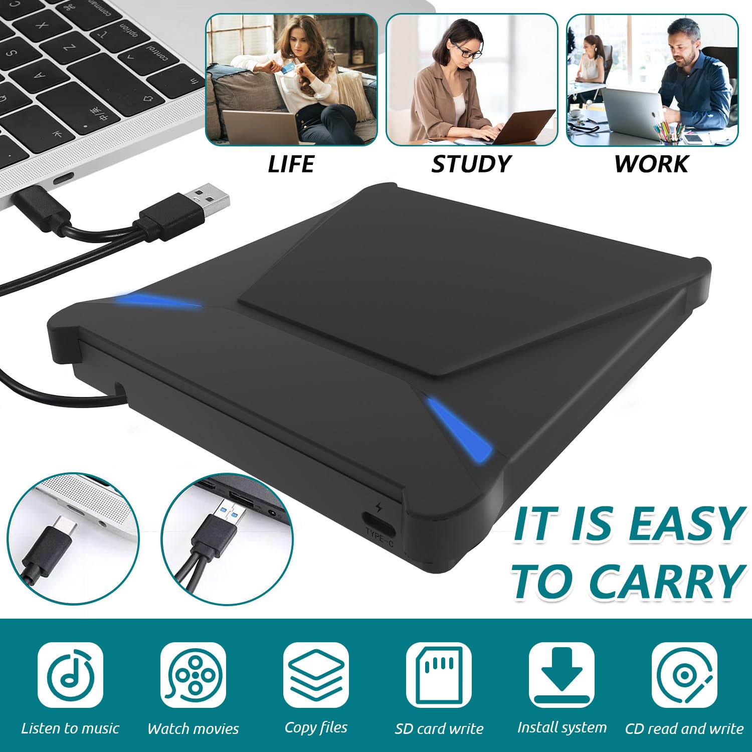 Lecteur Blu-Ray Externe, Lecteur Blu Ray Externe Portable USB 3.0 et Type-C Lecteur Blu Ray 3D BD Lecteur CD DVD Drive Player, Slim Optical Bluray Drive Reader pour Windows XP/7/8/10