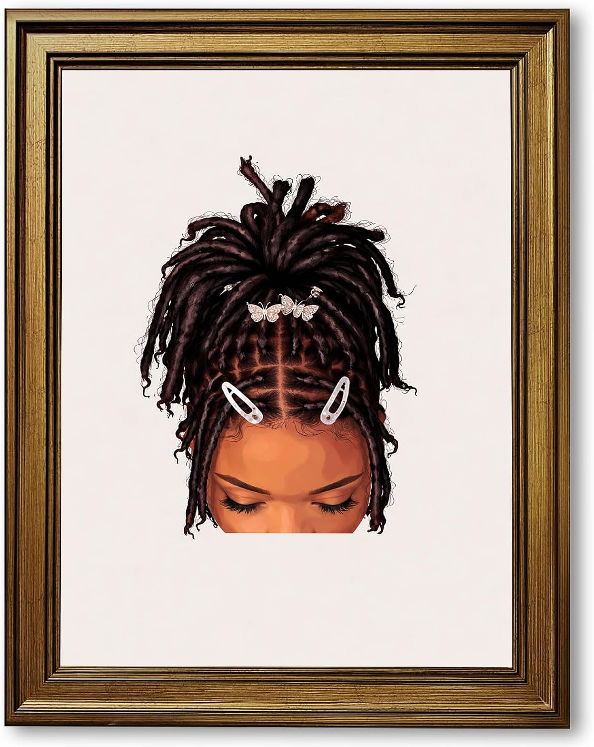Framed Black Girl Wall Art Dreadlocks Butterfly Hair Clip Poster Canvas Print Minimalist Aesthetic Contemporary Pictures Wall Decor Cute for Living Room Bedroom Home Decor (Gold Frame,12" Lx16 W)