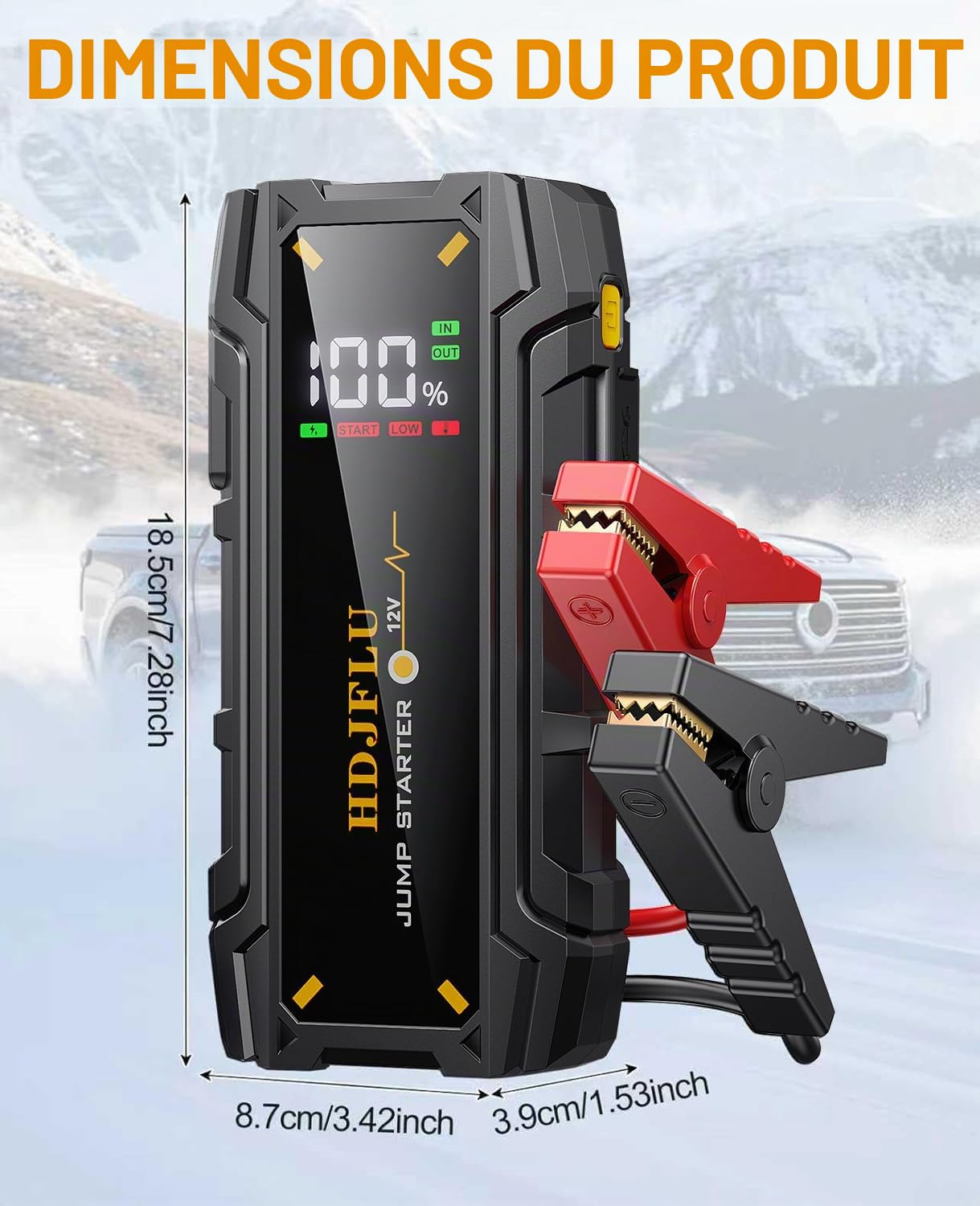 Démarreur de Voiture Portable HDJFLU 3000A (7,0 litres pour Le Moteur à Essence et 5,5 litres pour Le Moteur Diesel), Batterie de Voiture 12v, câble de démarrage Intelligent, éclairage