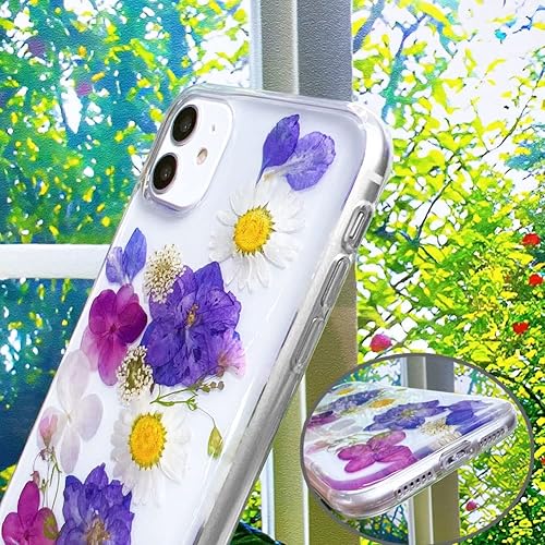 Miniatura 6 de Abbery Diseñada para iPhone 11 - Funda de flores prensadas, bonita y brillante con diseño de silicona suave de poliuretano termoplástico secas,