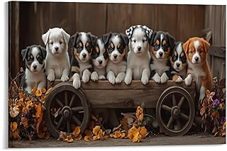 JXOEYX Puppies in Vintage Wooden Car Canvas Wall Art - Modern Framed Poster Print for Living Room, Bedroom & Bathroom - Home Decor Ready to Hang 8"x12"