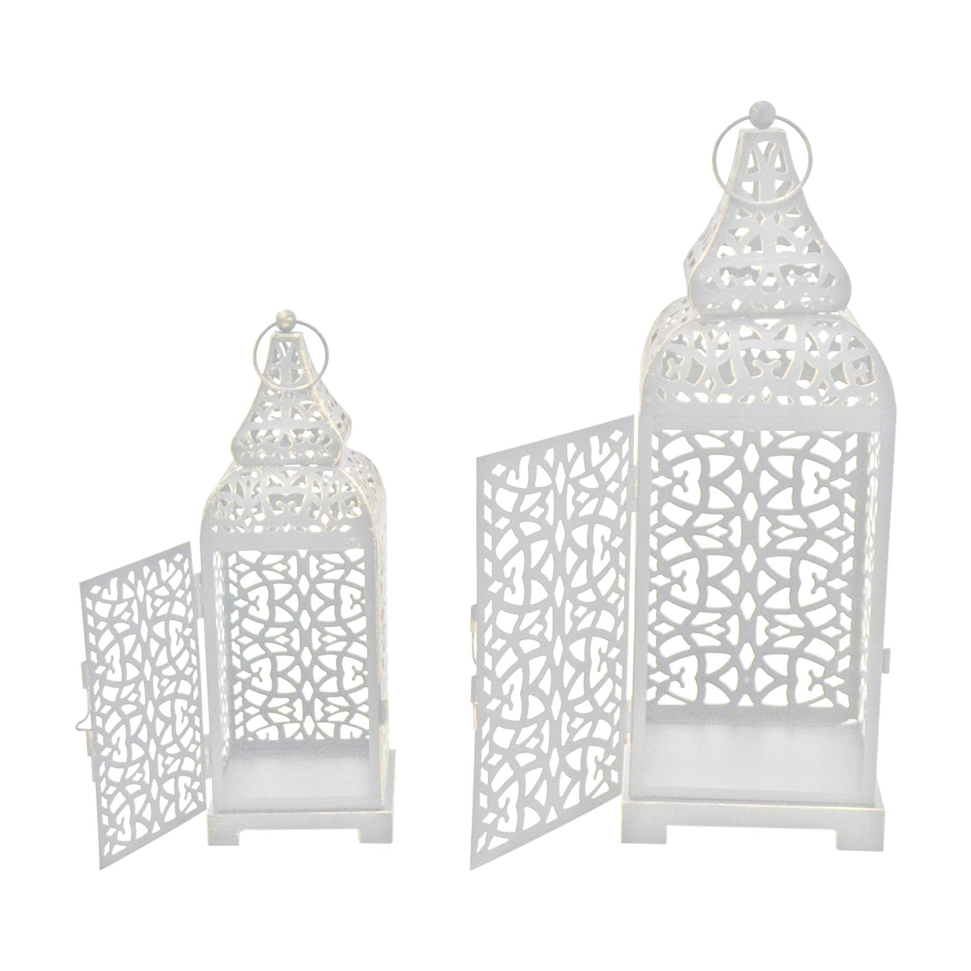 Rebecca Mobili 2 Juego Linternas Portavelas de Metal Etnico, Blanco Brillante, para Velas Flores, Salón Jardín - Medidas: 39 x 14,5 x 14,5 cm (A x AN x FON) - Art. RE6551