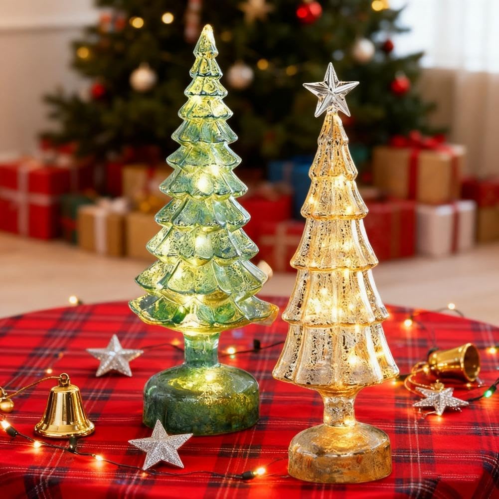 Árbol de Navidad de cristal de mercurio LED, funciona con pilas con temporizador, decoración de mesa iluminada para centro de mesa de vacaciones, 10.6 pulgadas
