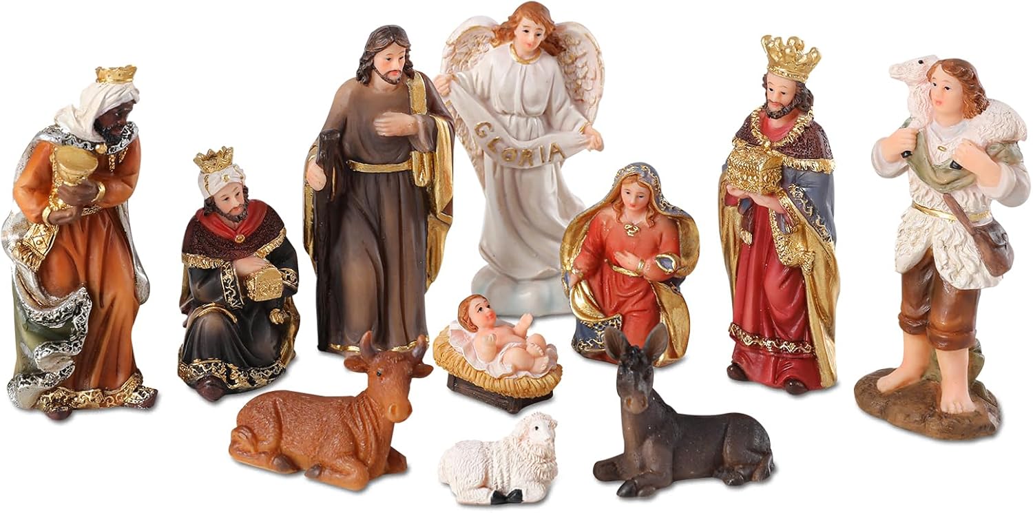 Nativity Scene Indoor 3.2 Inch 10 PCS Christmas Village Little People Nativity Collectible Bulidings Christmas Village Set Xmas Holiday Decorations Figures Green 3.2 Inch