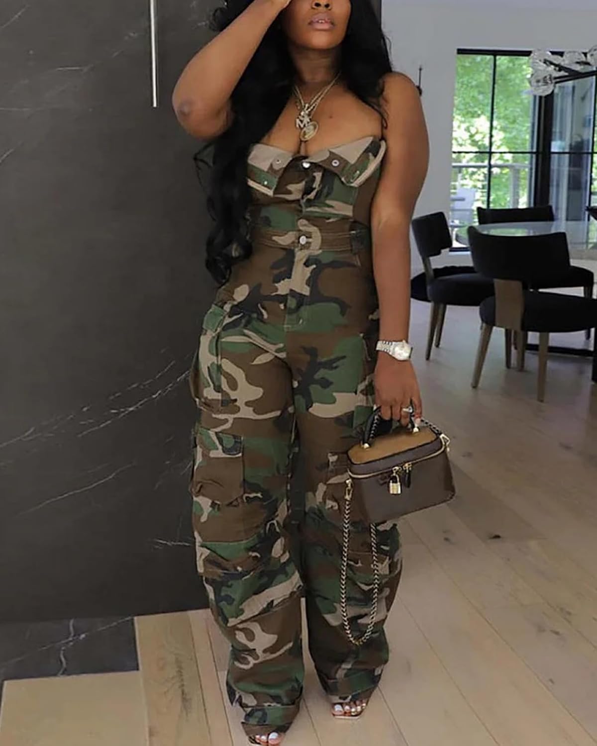 Voghtic Women's Strapless Denim Cargo Jumpsuit High Waisted Multiple Pocket Casual Outfit - Image 2